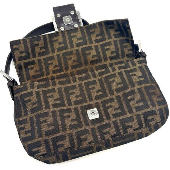 Authentic FENDI Zucca Mamma Baguette Canvas Leather Shoulder Bag Brown Tan - Picture 13 of 15